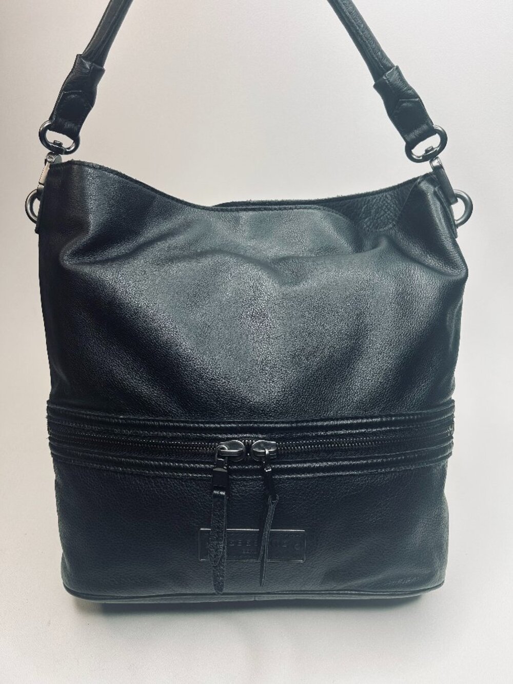 LIEBESKIND BERLIN Black Leather Slouchy Hobo Shoulder Bag w/Front Zip Pocket